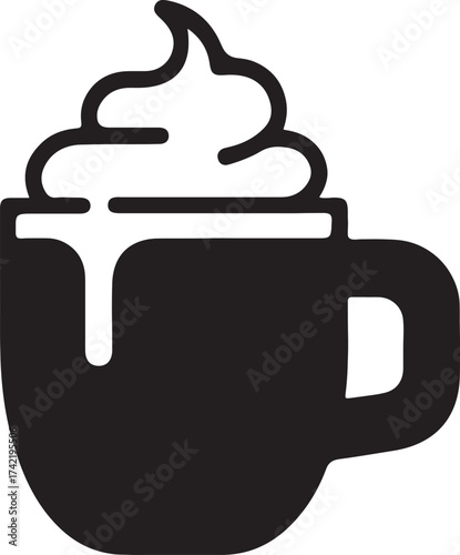Hot drink cup icon with whipped cream, Black and white cup icon with whipped cream topping, representing coffee, hot chocolate, or cozy beverage concept for cafe designs.

