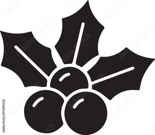 Black silhouette of holly leaves and berries icon, Minimalist black silhouette of traditional holly leaves and berries symbol, often used for Christmas decorations and festive graphic designs.

