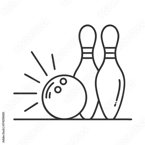 Bowling ball striking pins in a dynamic outline illustration