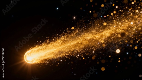 A glowing celestial body streaks across the dark expanse of space, leaving a trail of golden particles and bright stars in its wake.