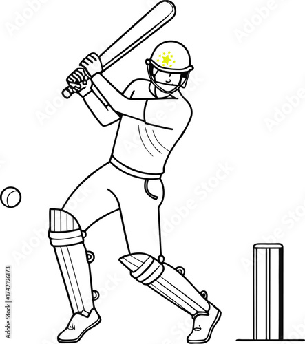 Cricket batsman swinging bat outline vector graphic