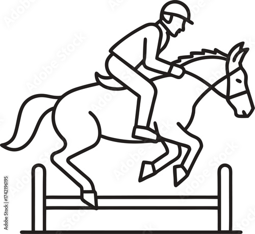 Dynamic horse rider jumping over obstacle outline design