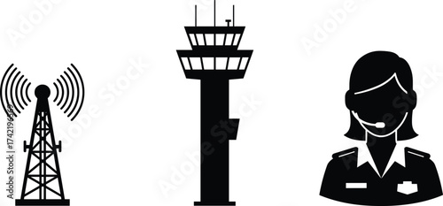 Air traffic control vector illustration with communication radio tower, airport control tower, female operator headset silhouette, aviation navigation, flight safety, pilot communication