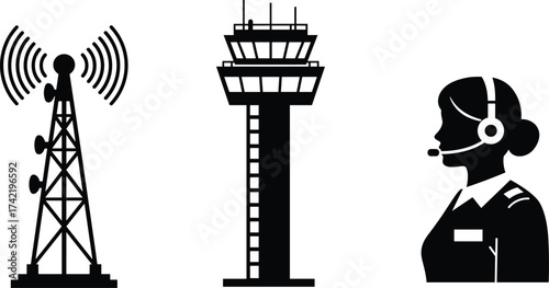 Air traffic control communication vector illustration with radio antenna tower, airport control tower, female operator headset, aviation safety, navigation, pilot guidance design