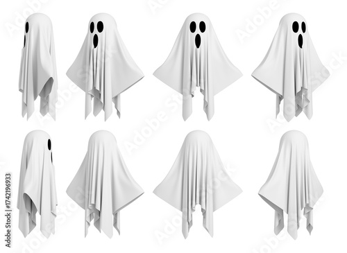 Isolated cartoon sheet ghost character set from multiple angles. 3D rendering.