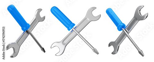 Isolated crossed wrench and screwdriver service icon set. 3D rendering.