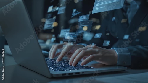 Hands Typing on Laptop with Floating Data Visuals - Tech Innovation.