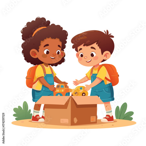 Two diverse children happily playing with toy cars from a cardboard box.