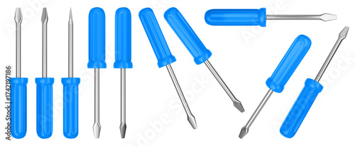 Isolated blue screwdriver tool set from multiple angles. 3D rendering.