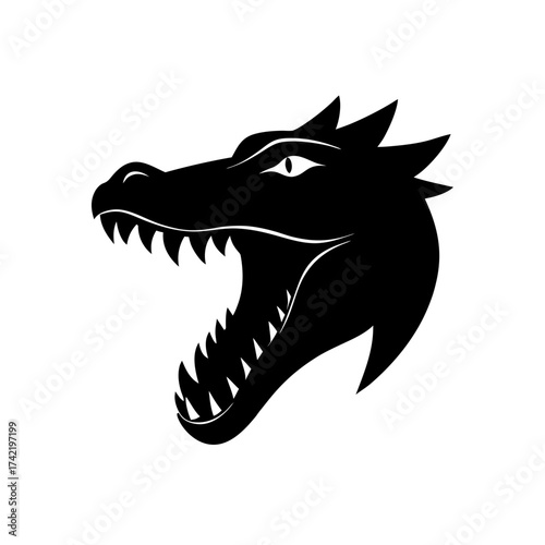 Silhouette of a dragon head with open mouth on transparent background