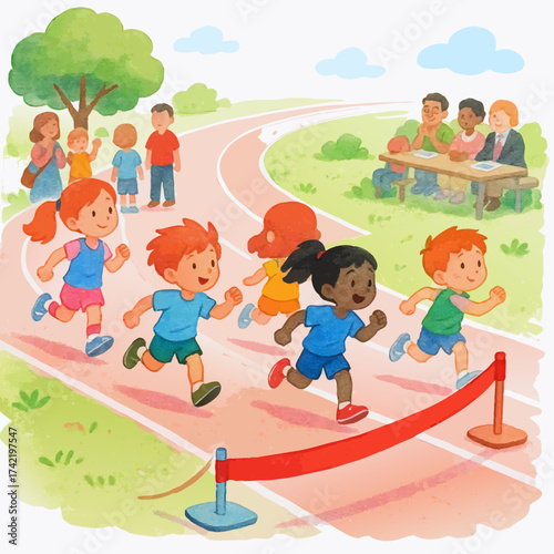 Watercolor Illustration of Diverse Children Running a Race on Track.