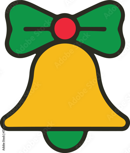 Christmas bell with bow illustration, Festive illustration of a yellow Christmas bell decorated with a green bow and red center, representing holiday cheer and seasonal decorations.

