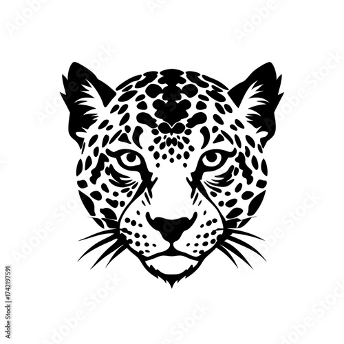 Detailed black and white jaguar portrait on transparent background silhouette