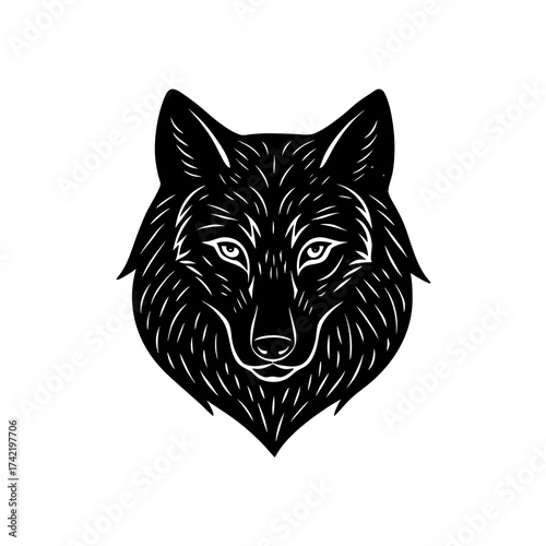 Illustration of a black and white wolf face on transparent background silhouette