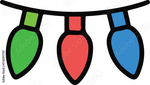 Colorful Christmas lights illustration, Festive illustration of green, red, and blue Christmas string lights, representing holiday decorations and cheerful seasonal celebrations.

