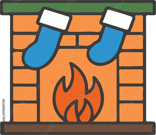 Cozy Fireplace with Hanging Christmas Stockings, Colorful illustration of a brick fireplace with a burning fire and blue stockings hanging above, symbolizing warmth and Christmas spirit.

