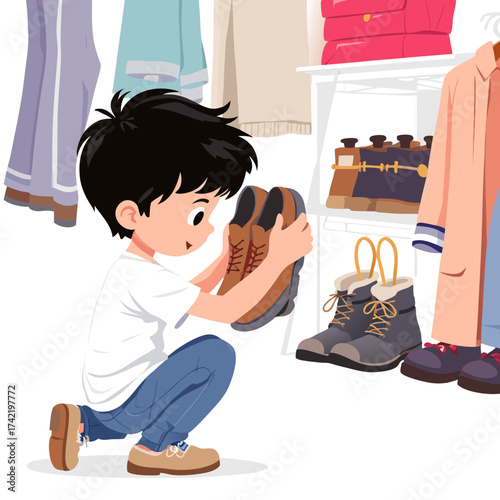 Young boy choosing brown laceup shoes from a closet.
