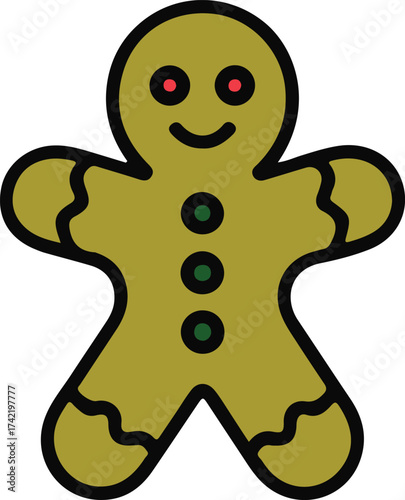 Gingerbread man cookie illustration, Colorful illustration of a smiling gingerbread man cookie with red eyes and green buttons, representing a classic Christmas holiday treat.


