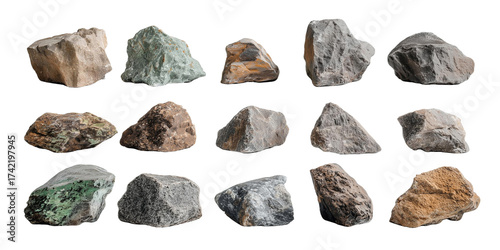 Various rough, uncut stones of different geological composition displayed on a white surface, concept for geology study, material texture exploration and mineral collection showcase