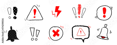 Hand-drawn Alert and Warning Icons Set – Sketch Style Notification Symbols