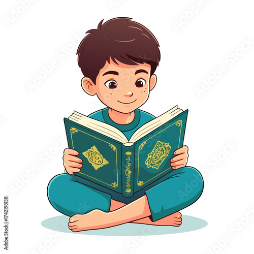 Young boy with blond hair happily reading a green book.