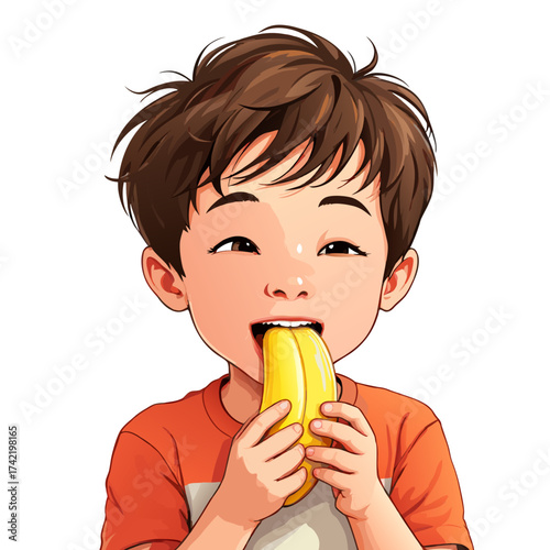 Young boy with bright green eyes eating a hot dog.