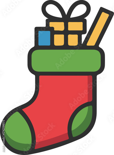 Christmas Stocking Filled with Gifts Illustration, Colorful cartoon illustration of a red and green Christmas stocking filled with presents, symbolizing festive holiday traditions and joyful celebrat
