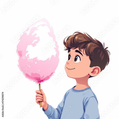 Young boy with brown hair joyfully holding pink cotton candy.