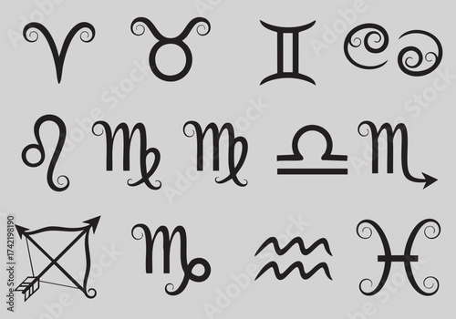 Collection of twelve zodiac sign symbols on a gray background zodiac signs icons