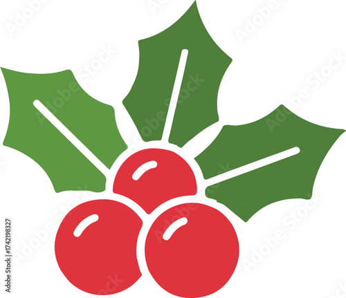 Christmas holly berries and green leaves icon, Simple festive illustration of red holly berries with green leaves, symbolizing Christmas decoration and holiday season cheer.

