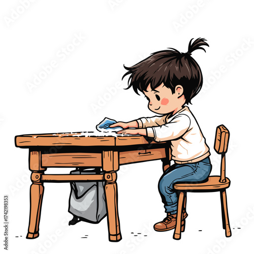 Young child diligently cleaning a wooden desk with a cloth.