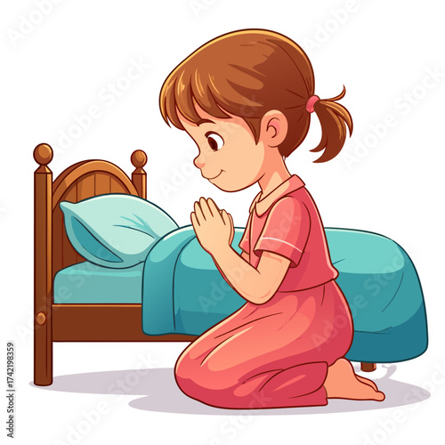 Young Child Kneeling in Prayer Beside Bed with Hands Clasped.