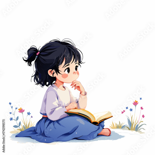 Young girl with dark pigtails engrossed in reading a book.