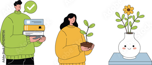 Cartoon illustration of man holding books, woman caring for plant, cute flower vase with smiling face, education, learning, environment and eco lifestyle