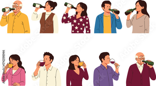 Cartoon people drinking beer, wine and juice, men and women holding glass or bottle beverage, social gathering illustration lifestyle concept vector