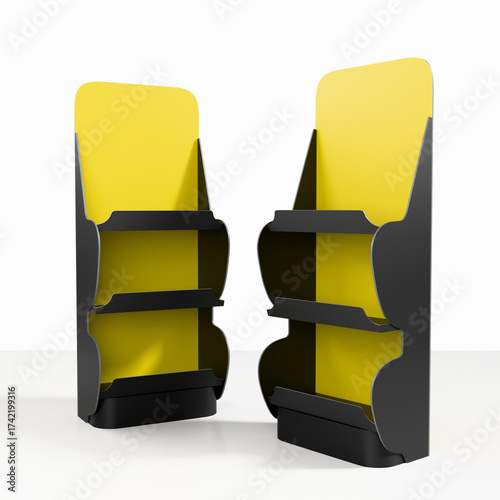 Product Display Shelf Or Floor POS Stand. Cosmetics Holder. Black And Yellow Color
