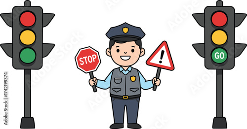 Cartoon traffic police officer holding stop and warning signs with traffic lights, road safety illustration, law enforcement symbol, transportation regulation vector design