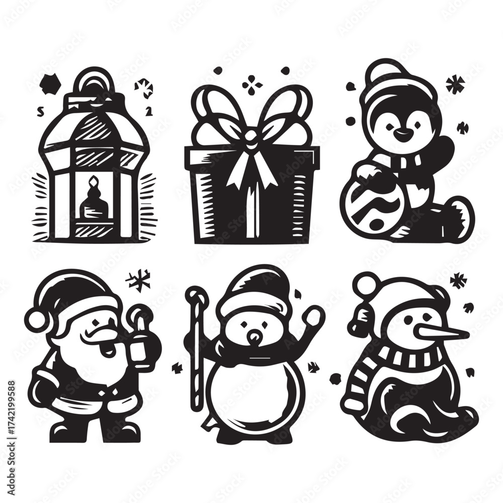 Fototapeta premium black and white silhouette outline Christmas element art logo design set 