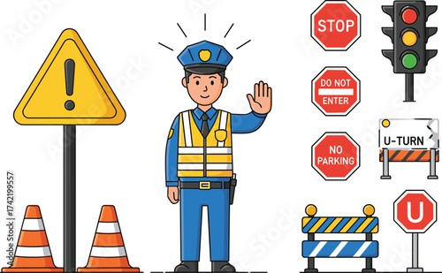 Cartoon traffic police officer with hand stop gesture, warning road signs, traffic lights, cones, no parking, U-turn, road safety control illustration
