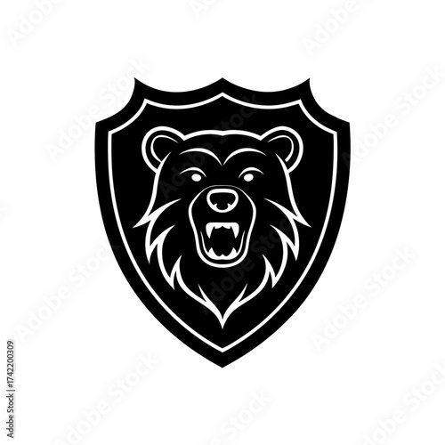 Black bear head inside a shield emblem art on transparent background silhouette