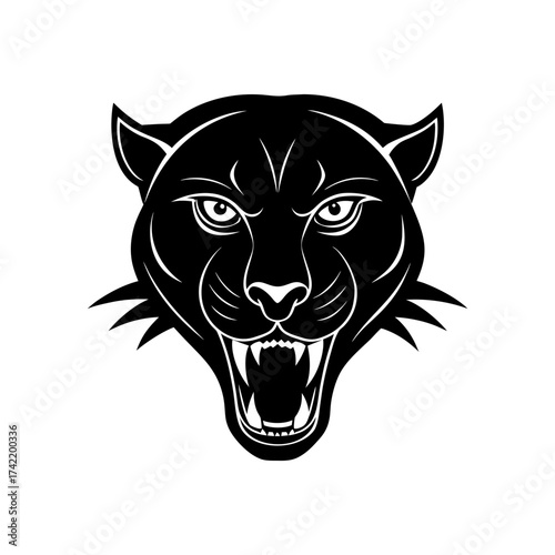 Illustration of a roaring black panther face on transparent background silhouette