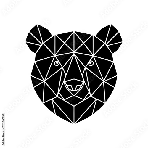 Geometric bear head in black and white art on transparent background silhouette
