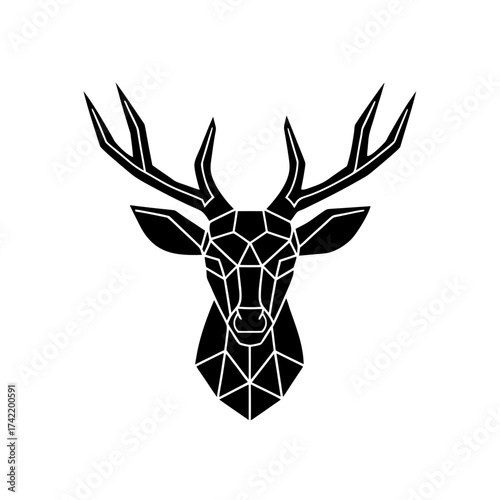 Geometric black deer head with antlers art on transparent background silhouette