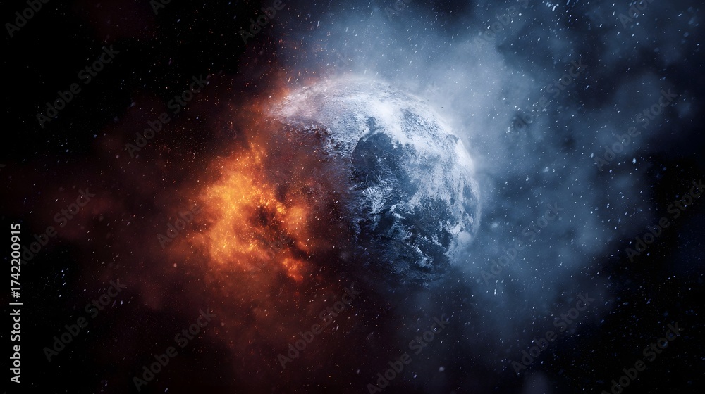 Fototapeta premium A celestial sphere dramatically split between intense fire and freezing ice set against a dark star filled cosmic background