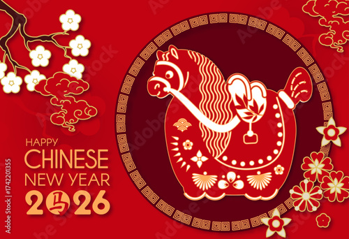 Happy 2026 Chinese New Year, Year of the Horse! Lunar calendar holiday paper cut design with cute horse, flowers and clouds. Chinese text means "Horse"