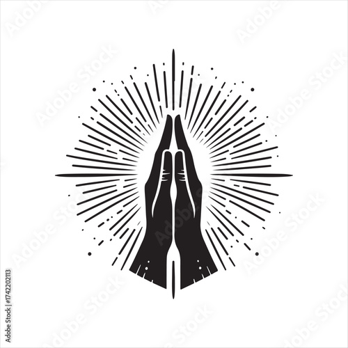 Hands in prayer with light rays vector silhouette sketch art logo illustration