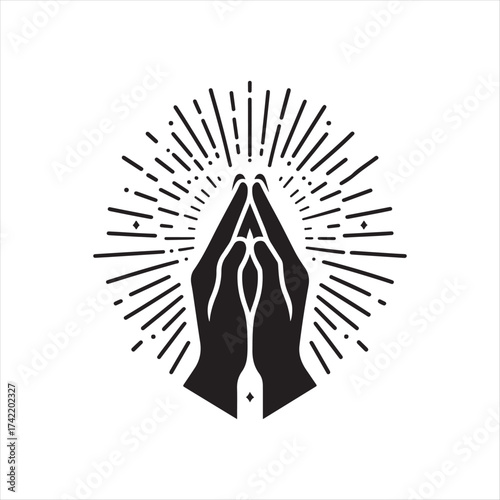 Hands in prayer with light rays vector silhouette sketch art logo illustration