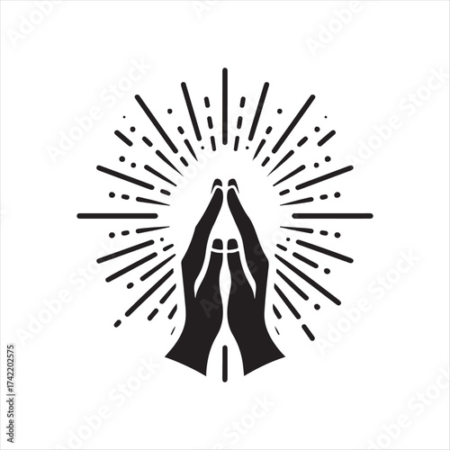 Hands in prayer with light rays vector silhouette sketch art logo illustration