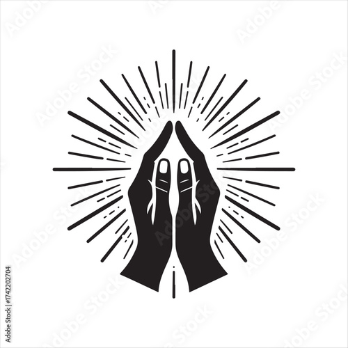 Hands in prayer with light rays vector silhouette sketch art logo illustration