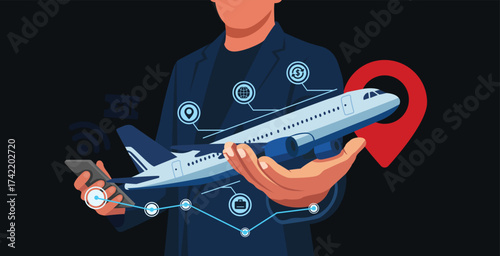 Man holding an airplane, managing global travel and logistics digitally.
